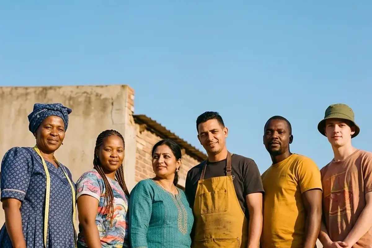 Six South African sellers standing together against a blue sky