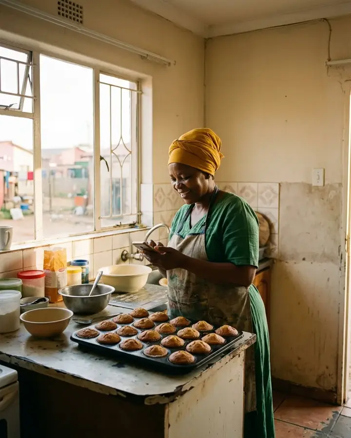 A home baker in Soweto with a tray of muffins, checking her phone