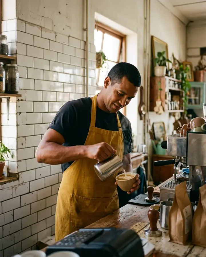 A coffee shop owner pouring milk into a flat white in Woodstock, Cape Town