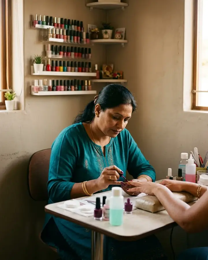 A nail technician painting a client's nails in a small Durban salon