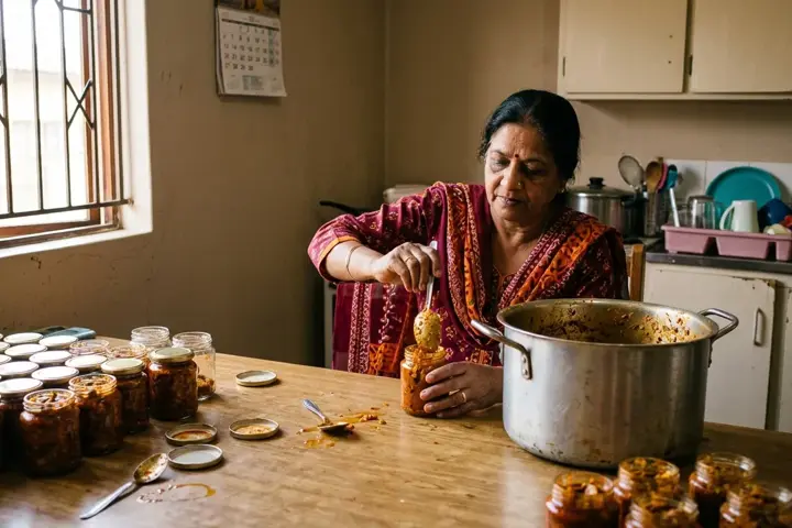 Mango atchar being spooned into jars at a kitchen table