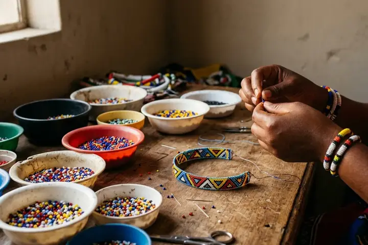 Hands threading a beaded choker beside bowls of glass beads
