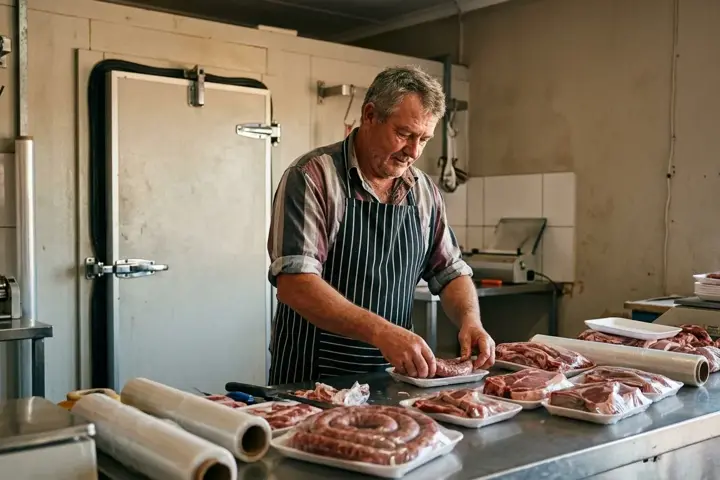 A butcher packing boerewors and chops into braai packs