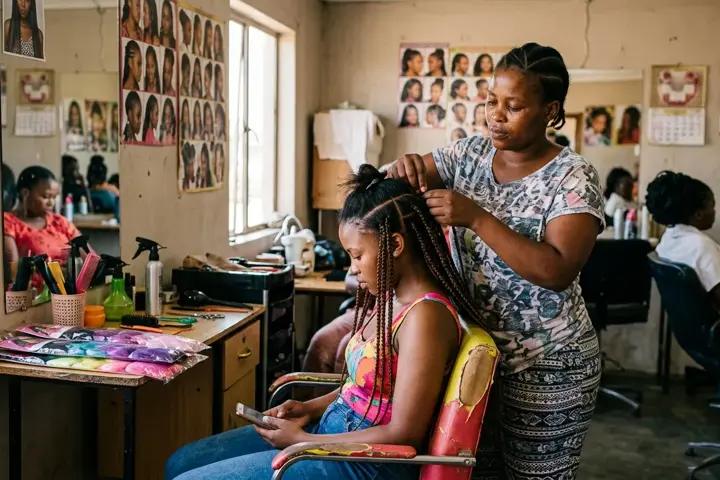 A braider working on a client's braids in a salon