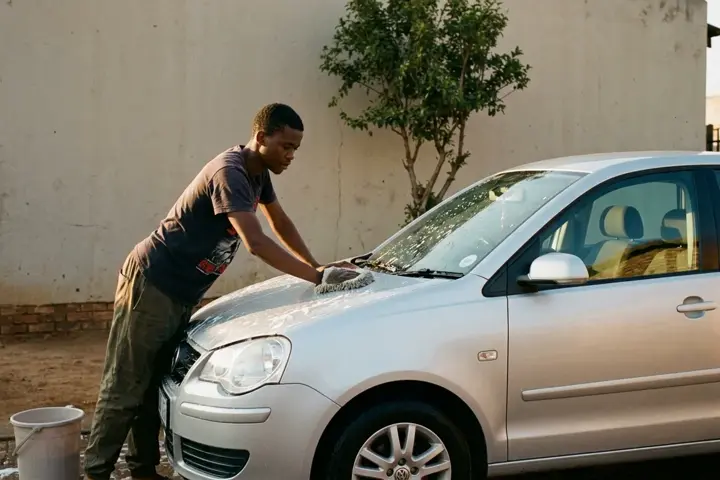 A man washing a silver hatchback in a driveway