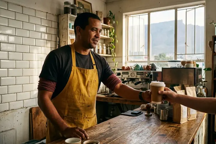 A coffee shop owner handing a takeaway cup across the counter