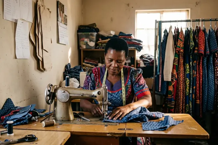 A dressmaker sewing shweshwe fabric at a sewing machine