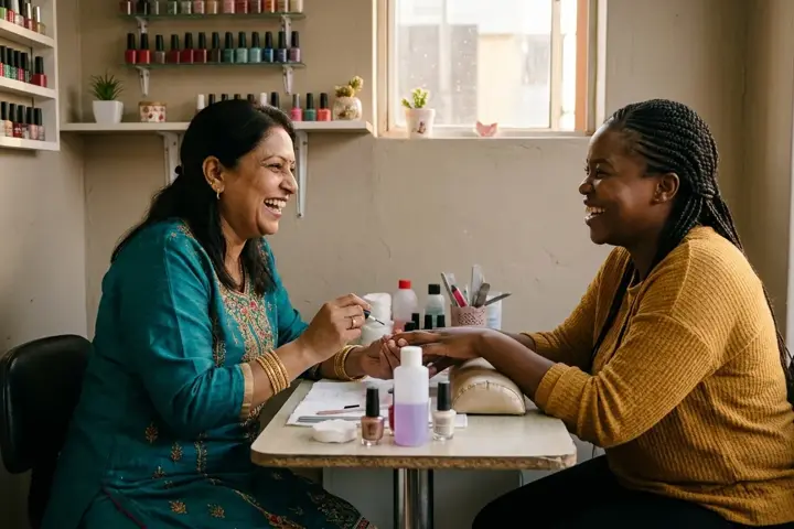 A nail technician and her client laughing across a manicure table