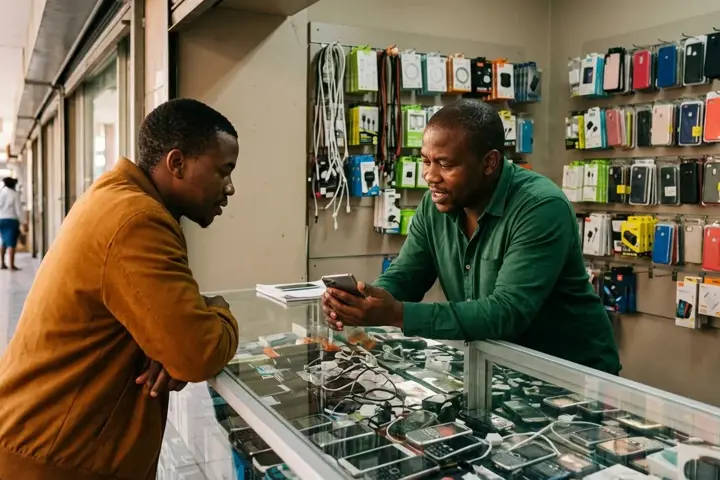 A phone shop owner showing a refurbished phone to a customer