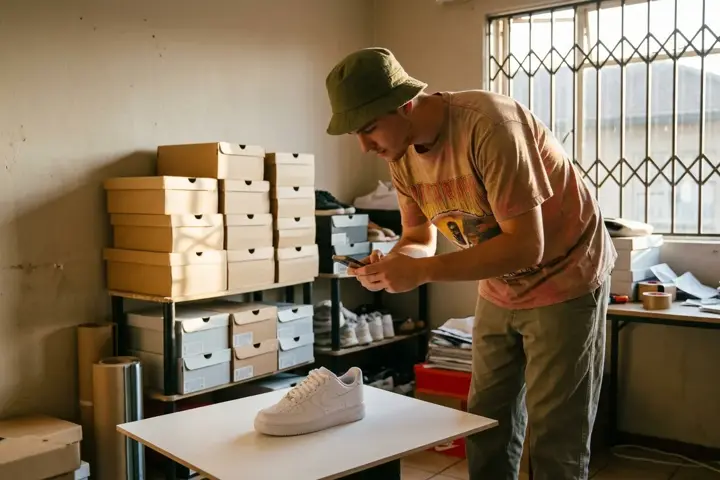 A sneaker reseller photographing a pair of sneakers with his phone